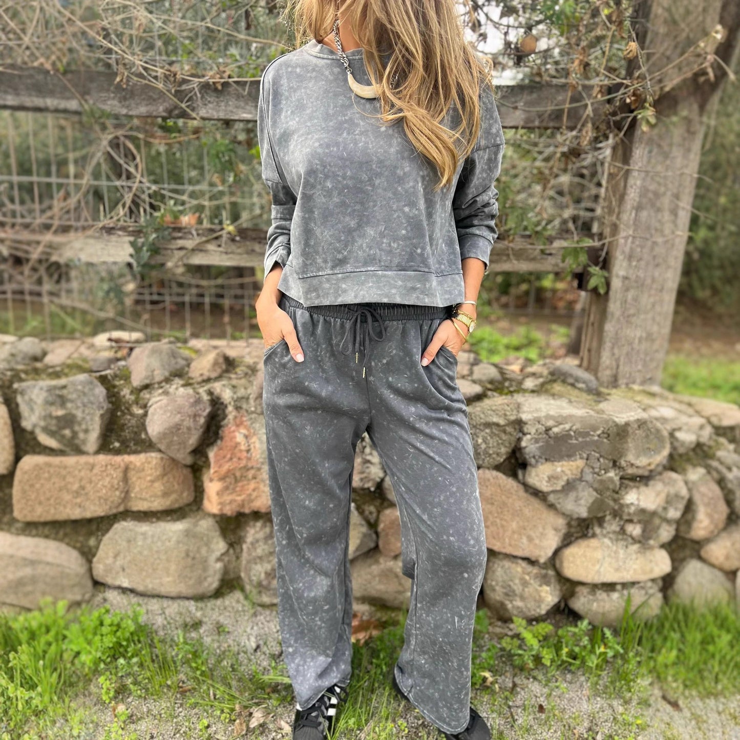 Women's Casual All-matching Lace-up Crew Neck Long Sleeve Blouse And Pants