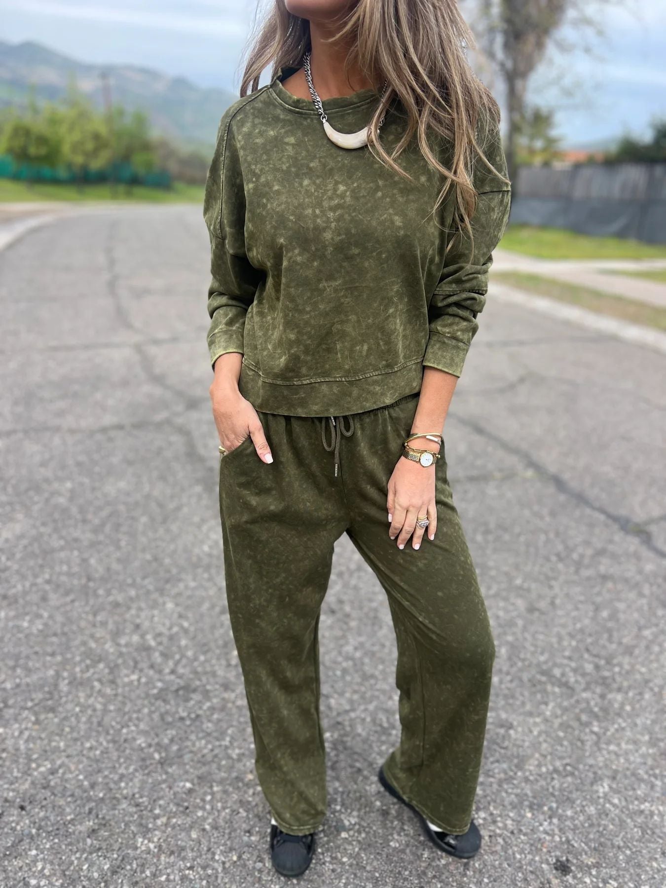 Women's Casual All-matching Lace-up Crew Neck Long Sleeve Blouse And Pants