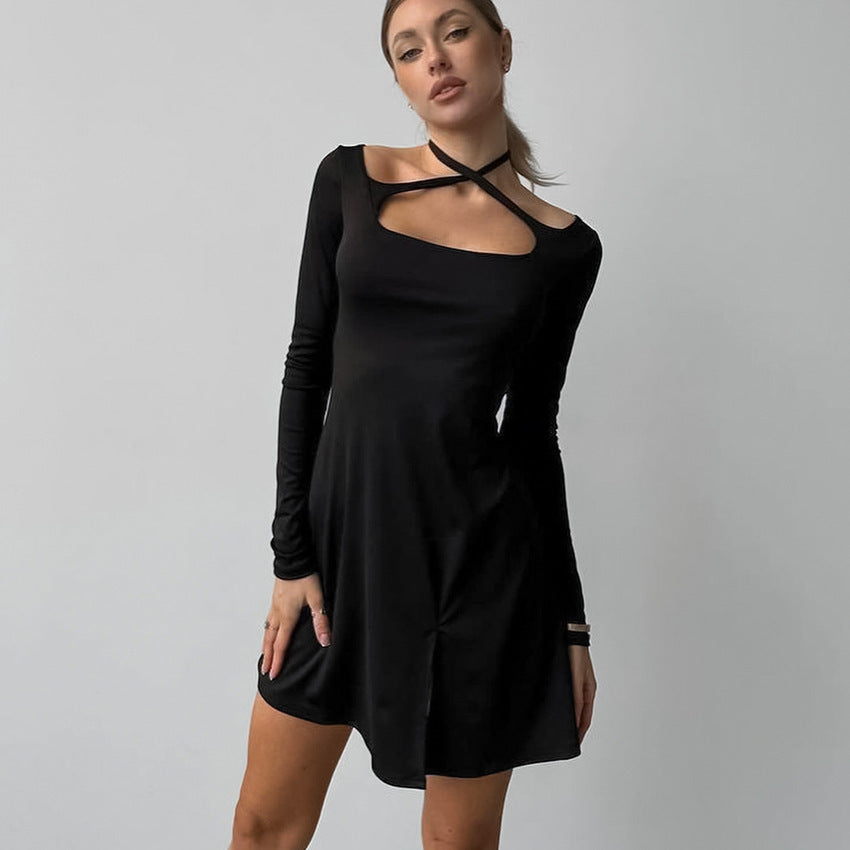 Women's Slim-fit Slimming Knitted Square Collar Design Lace-up Dress