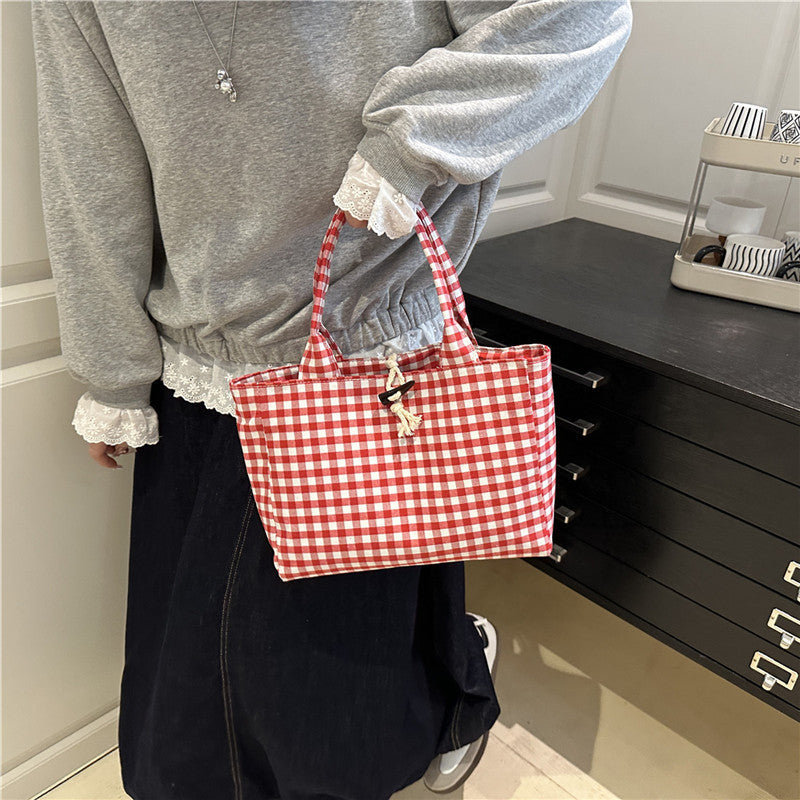 Korean Style Casual Canvas Bag Simple Double Bread Plaid Contrast Color