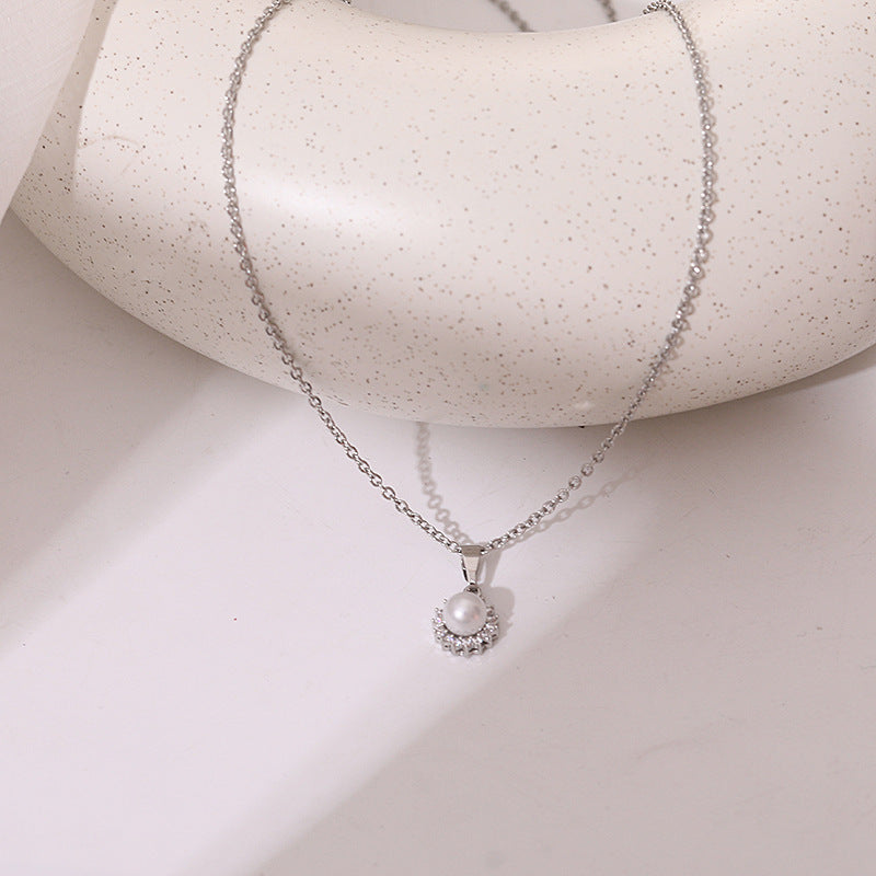 Micro Inlaid Zirconium SUNFLOWER Stone Artificial Pearl Short Necklace Temperament Female