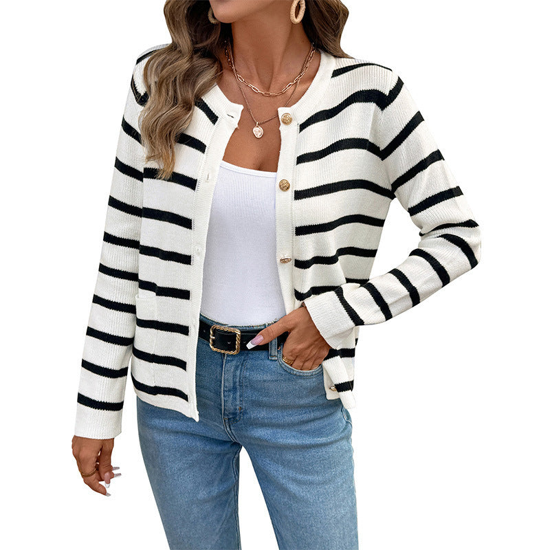 Contrast Color Long Sleeves Knitted Cardigan Coat For Women