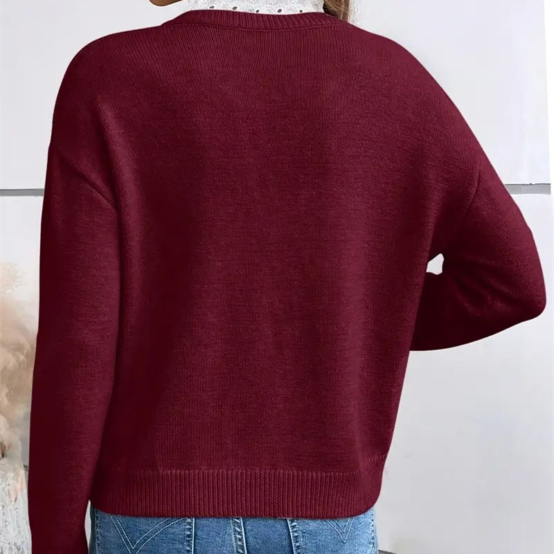 Women's Fashionable Solid Color Loose Lace V-neck Sweater