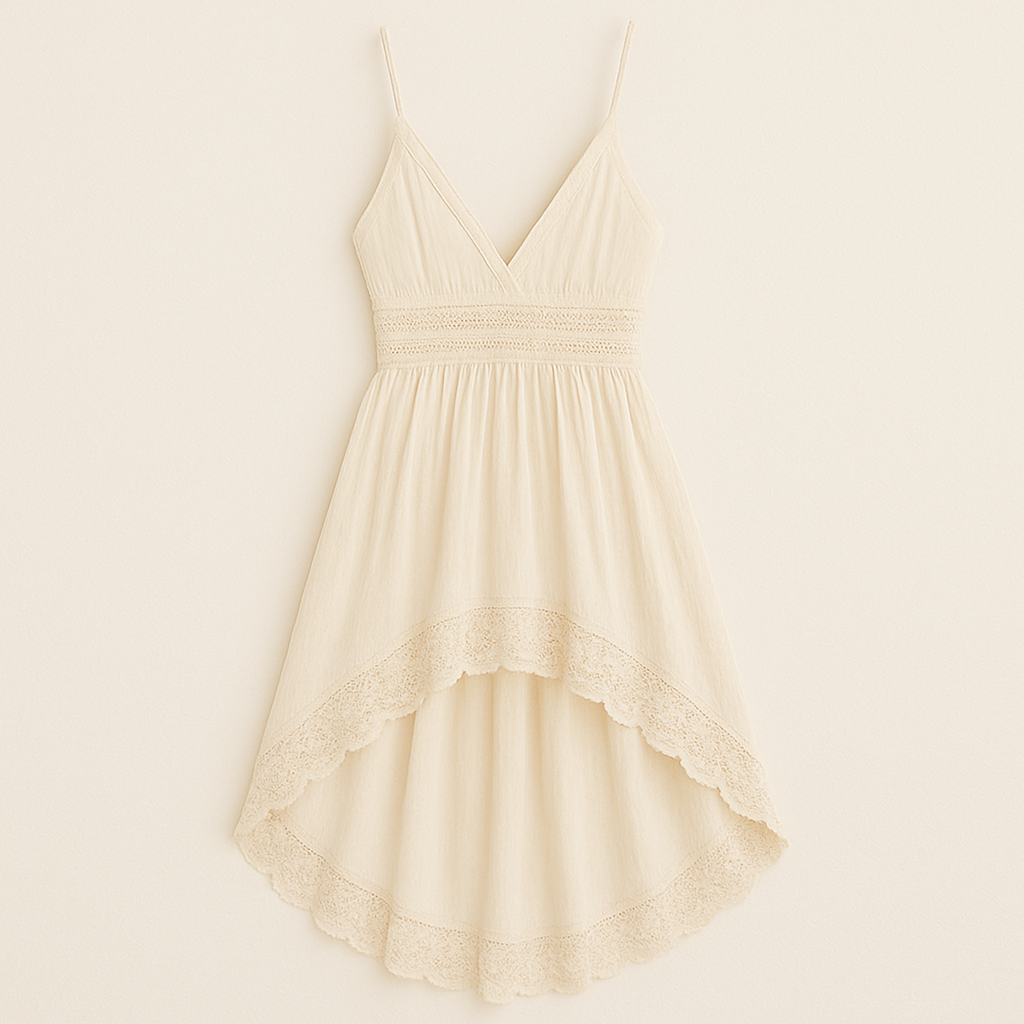 Women's Solid Color V-Neck Slip Dress With Asymmetrical Hem & Lace Trim - Bohemian Midi Dress For Summer