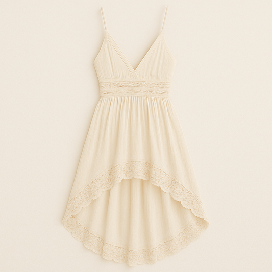 Women's Solid Color V-Neck Slip Dress With Asymmetrical Hem & Lace Trim - Bohemian Midi Dress For Summer