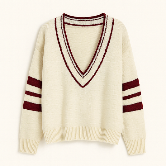 Loose-fitting Striped Long Sleeves Contrast Color V-neck Sweater