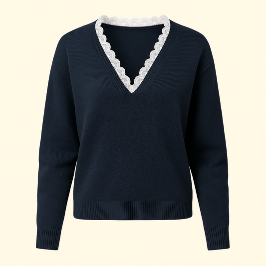 Women's Fashionable Solid Color Loose Lace V-neck Sweater