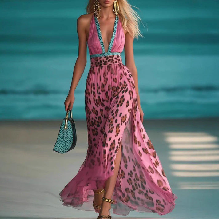 European And American Leopard Print V-neck Waist-controlled Slimming Temperament Camisole Dress