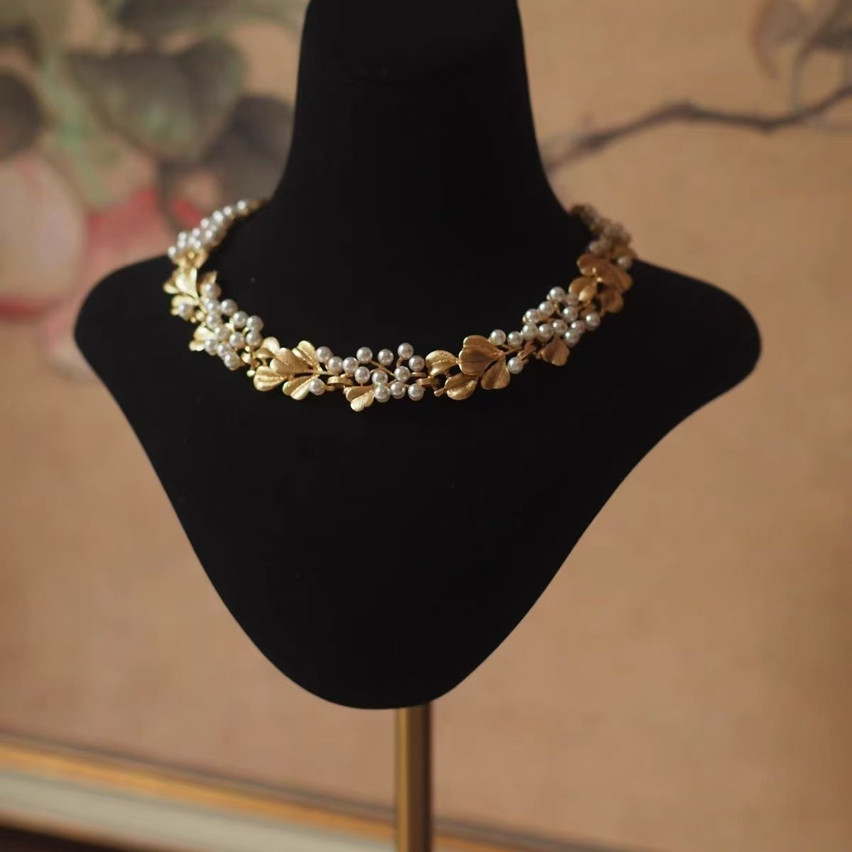 Mid-ancient Necklace Ginkgo Leaf Pearl Vintage Brushed Frosted