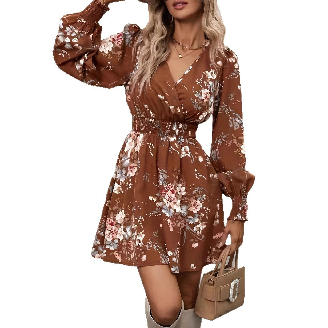 Spring And Autumn New Ladies Floral Printed V-neck Lantern Sleeve Dress