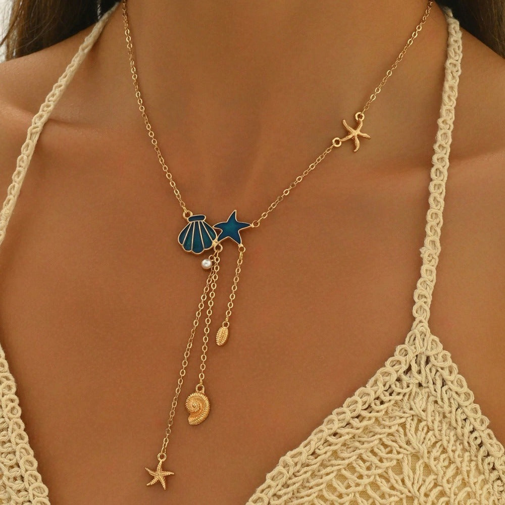 Creative Ocean Style Starfish And Shell Pendant Necklace Simple