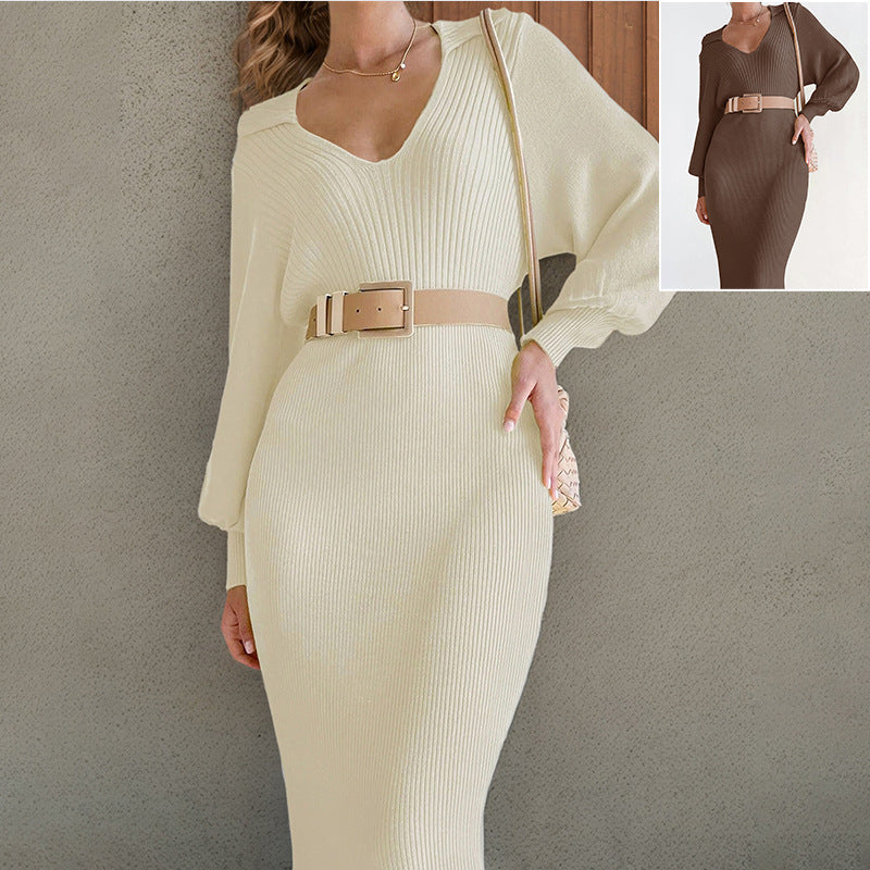 Elegant Commuter Sweater V-neck Lace-up High Waist Women's Dress