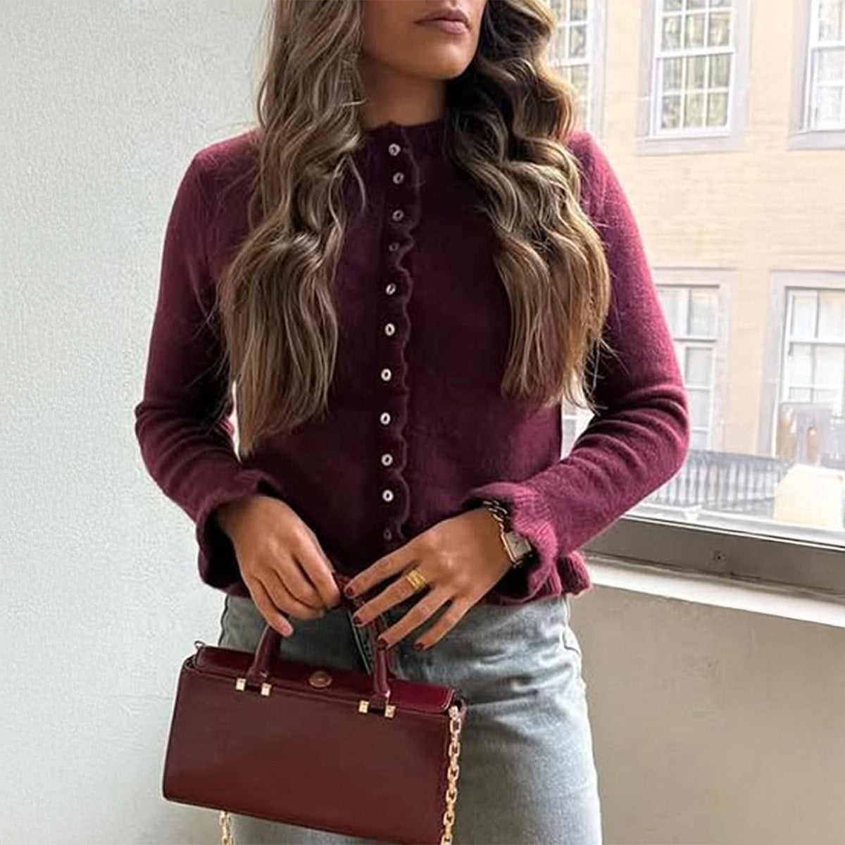 Vacation Style Solid Color Wool Button Long-sleeved Top