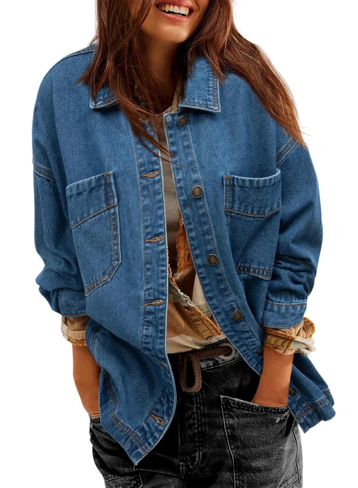 Women's Denim Jacket Large Pocket Button Long Sleeve Split Denim