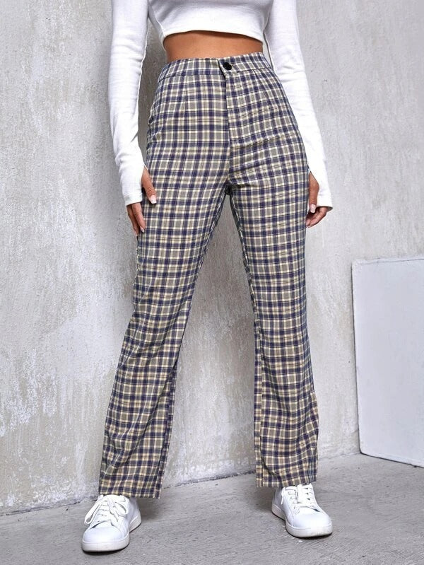 Mid-rise Plaid Print Temperament Commuting Literary Style Slightly Flared Wide-leg Pants Trousers Casual Pants