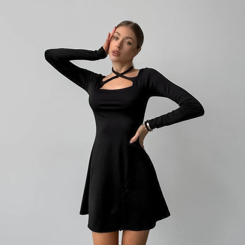 Women's Slim-fit Slimming Knitted Square Collar Design Lace-up Dress