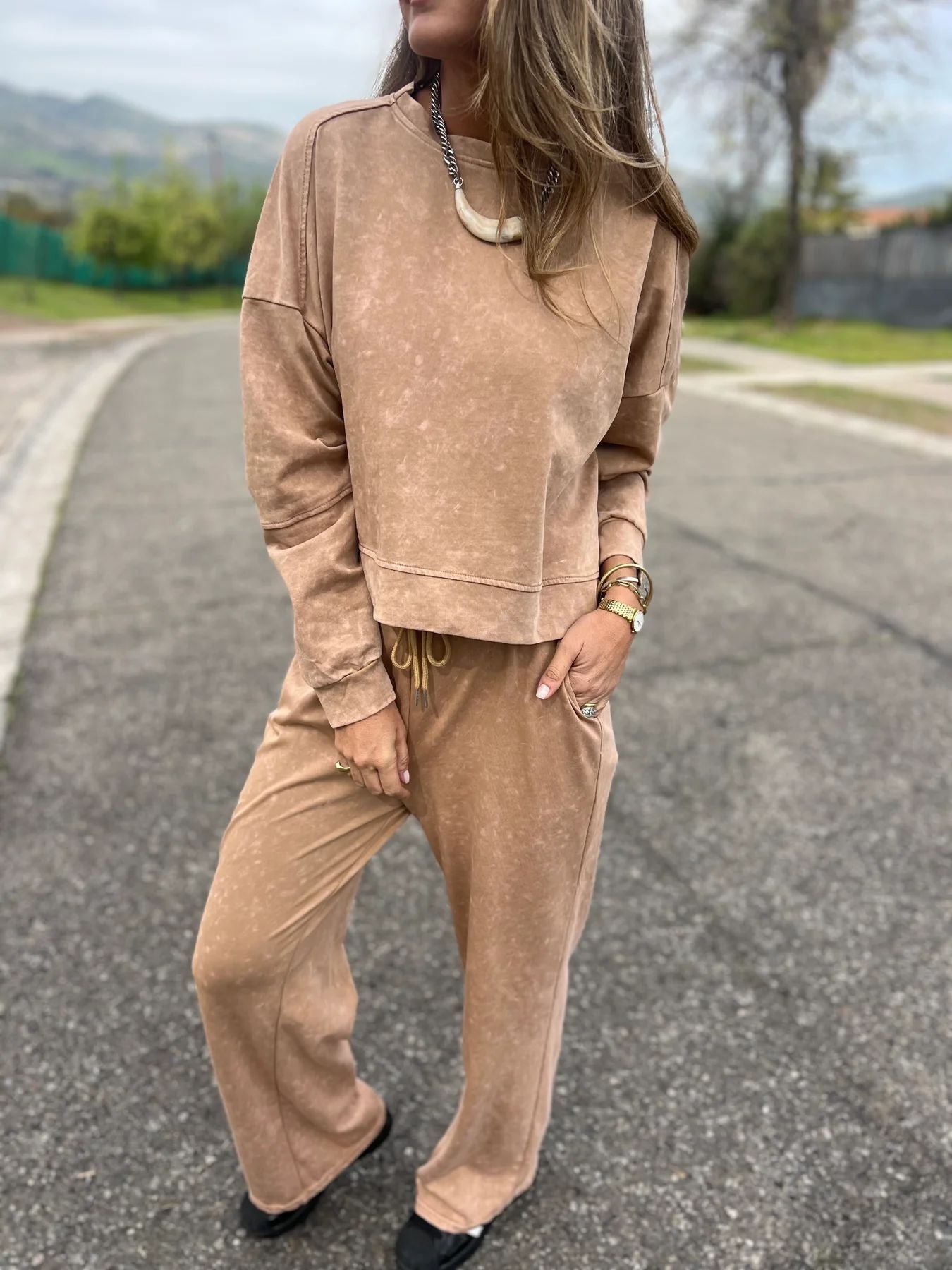 Women's Casual All-matching Lace-up Crew Neck Long Sleeve Blouse And Pants