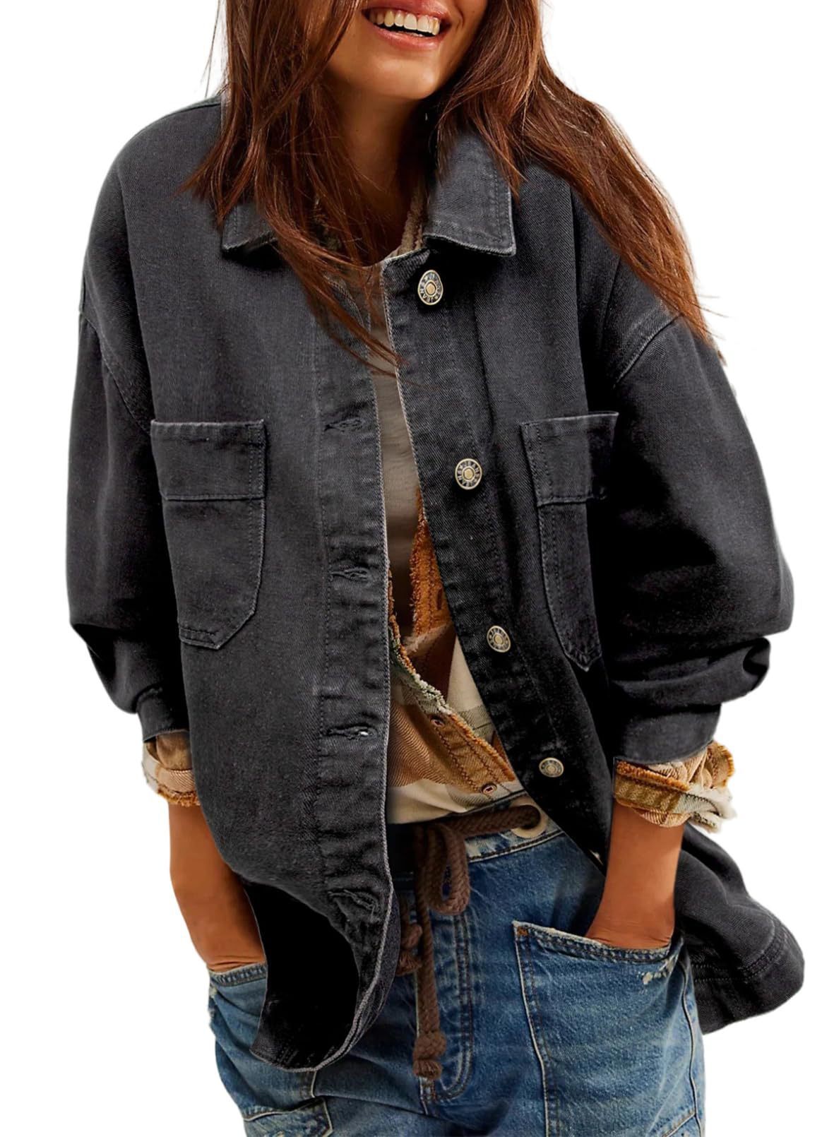 Women's Denim Jacket Large Pocket Button Long Sleeve Split Denim