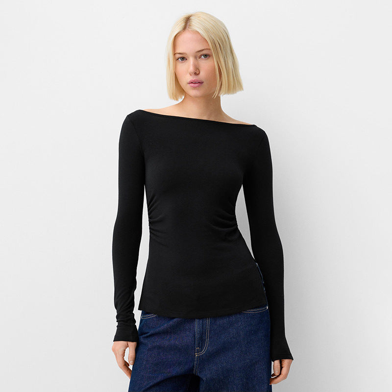 Women's Off-neck Pleated Waist Tight Split Pullover