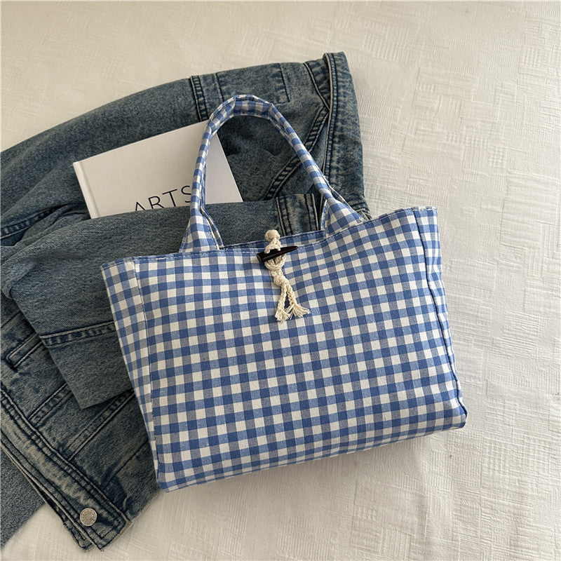 Korean Style Casual Canvas Bag Simple Double Bread Plaid Contrast Color