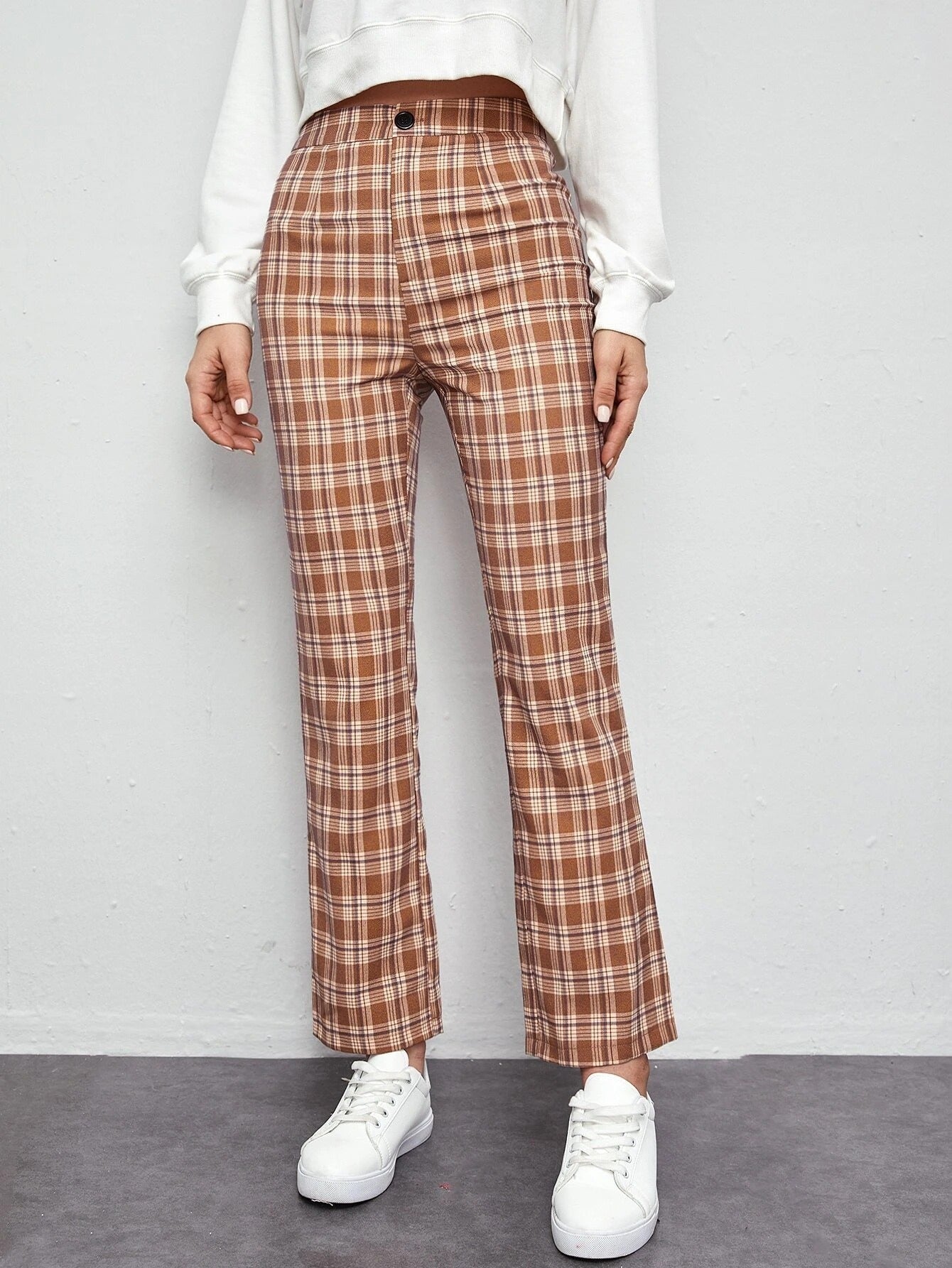 Mid-rise Plaid Print Temperament Commuting Literary Style Slightly Flared Wide-leg Pants Trousers Casual Pants