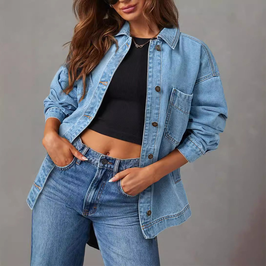 Women's Denim Jacket Large Pocket Button Long Sleeve Split Denim