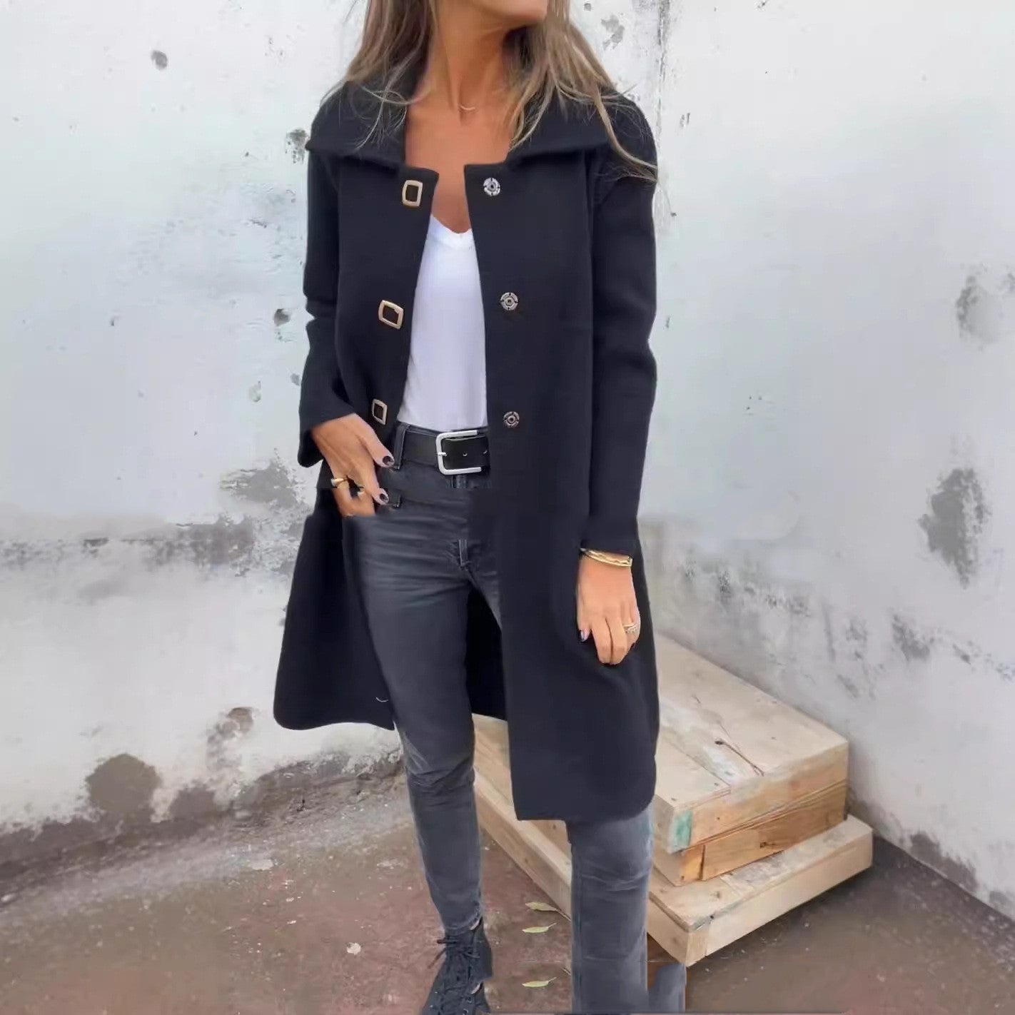 In Stock Cross-border Independent Station-AliExpress-Amazon Autumn And Winter Women's Single Row Solid Color Mid-length Wool Woolen